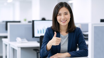 Obraz premium Asian businesswoman giving a thumbs up at her office desk. Happy female professional in blue blazer showing approval. Success and job satisfaction concept