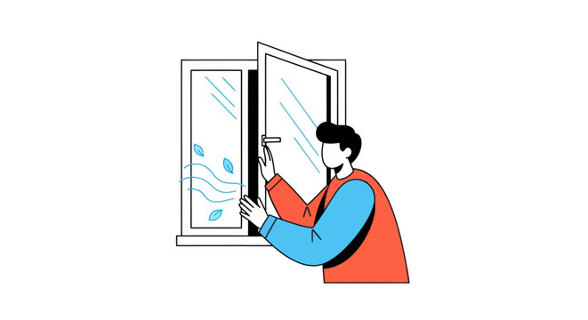 A man is cleaning raindrops off a window with a squeegee indoors.