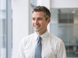 Fototapeta premium Close up portrait of a smiling middle aged businessman in a white shirt and tie. Successful male executive looking away in a bright office. Leadership and corporate maturity concept