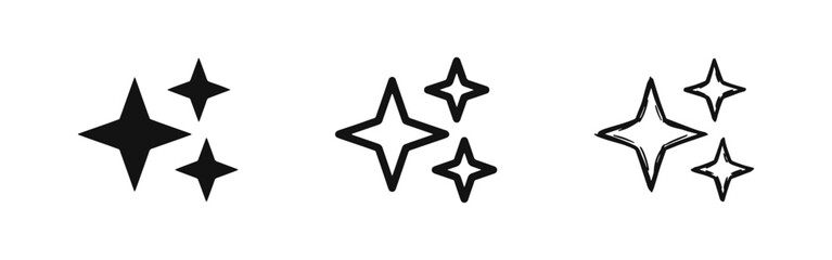 Shining sparkles and stars icon set for magic and cleanliness © drawing lines