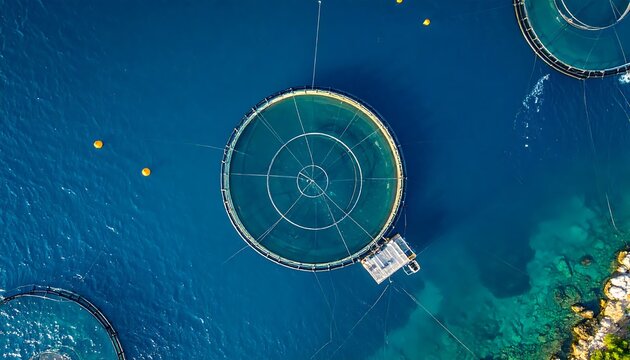 Aerial Top View Of Circular Fish Farm Cages In Deep Blue Mediterranean Sea Water Near Rocky Coastline With Bright Sunlight And Clear Shadows