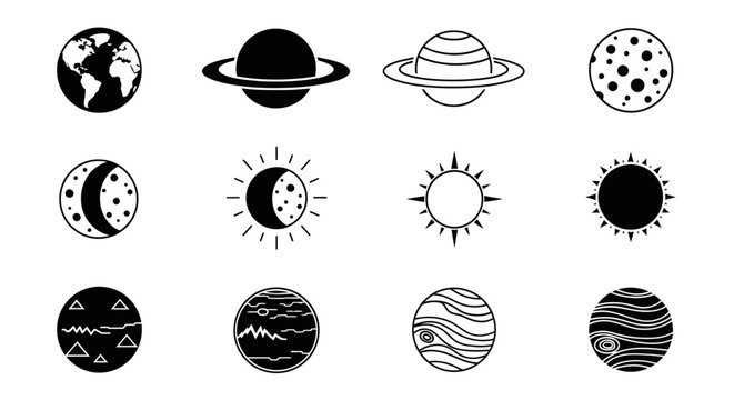 Astronomy illustrations showcase planets, moons, and suns in space, featuring various celestial bodies and their phases.