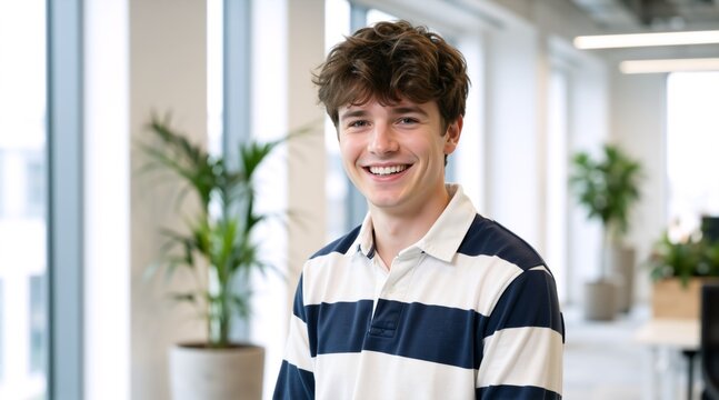 Portrait of a smiling young man in a modern office. Happy male employee wearing a striped shirt looking at camera. Confident corporate intern