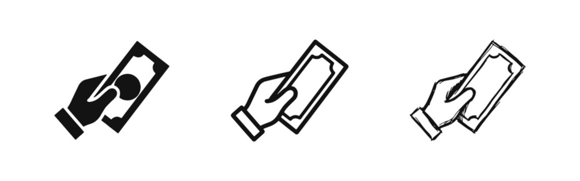 Hand holding banknote icon set for payment and finance transactions