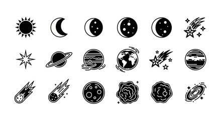 Black and white illustrations of various celestial bodies and space objects © uzumaki