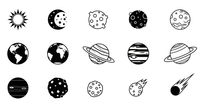 Black and white illustrations of sun, moon, planets, and celestial bodies in space
