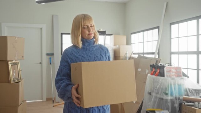 Woman carrying a large cardboard box with both hands inside a building filled with stacked moving boxes, tools and wrapped furniture; new beginning happiness.
