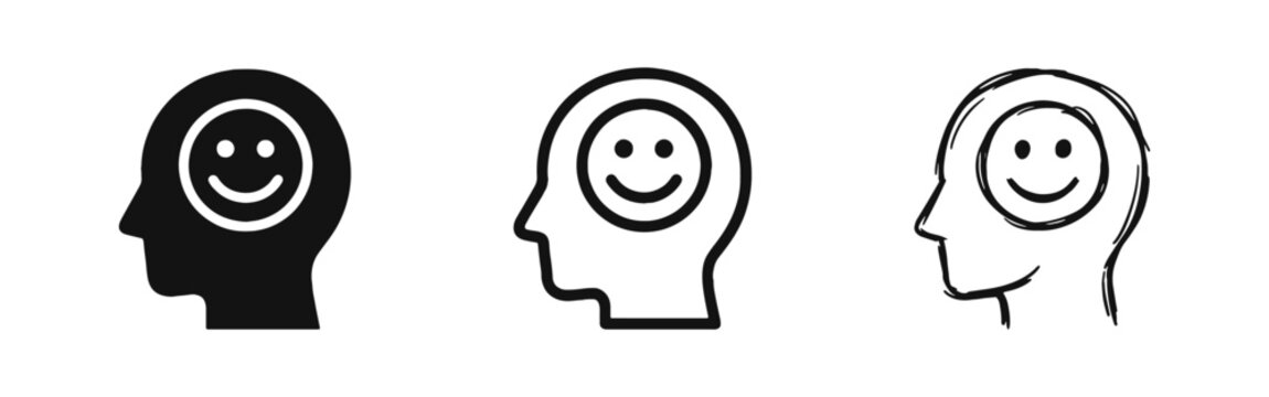 Positive thinking head with smiley face icon set for mental wellness and happiness