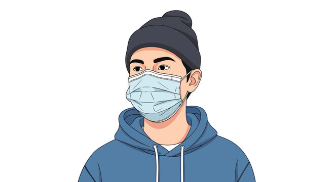 A young man wearing a blue hoodie and a face mask looks ahead.