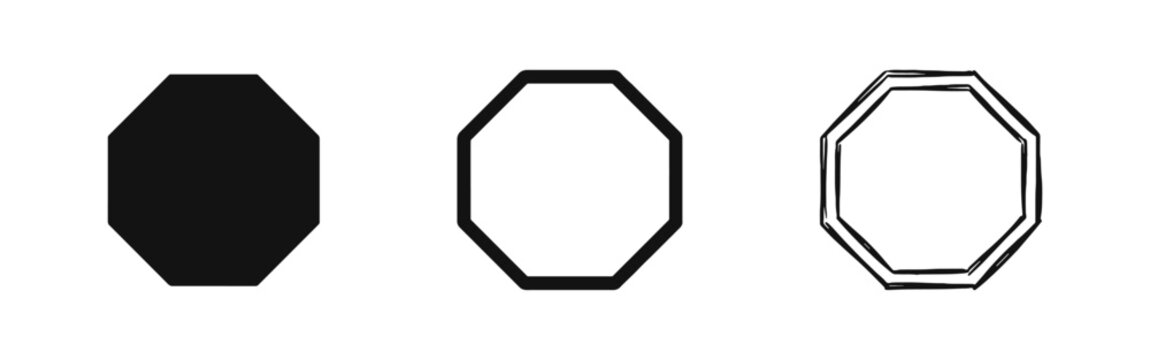 Octagon Geometric Shape Icon Set in Glyph Linear and Sketched Styles for Graphic Design Projects