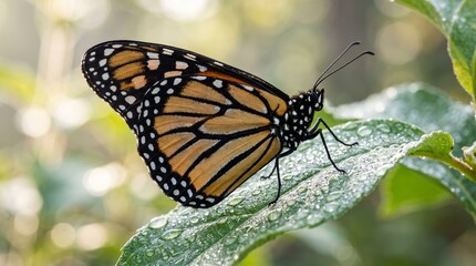 Obraz premium Vibrant monarch butterfly resting its wings upon a wet green leaf covered in morning dew drops in a bright sunny garden space