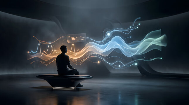 Serene Mindscape A Tranquil Interior with Abstract Energy Waves Symbolizing Meditation and Inner Peace