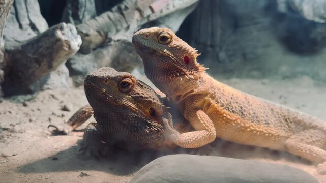 Two Bearded Dragons Side by Side Resting on Sand in Terrarium Desert Habitat