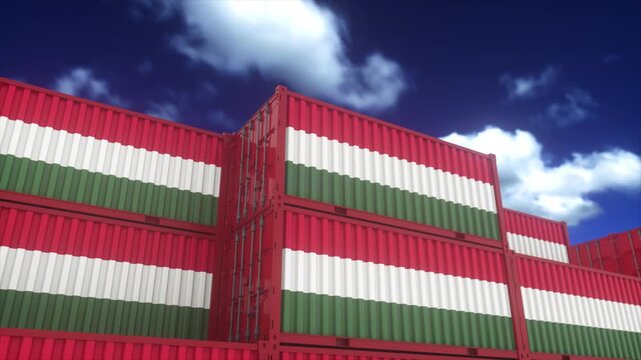 Hungarian Flag Colored Cargo Containers Under Dramatic Blue Sky