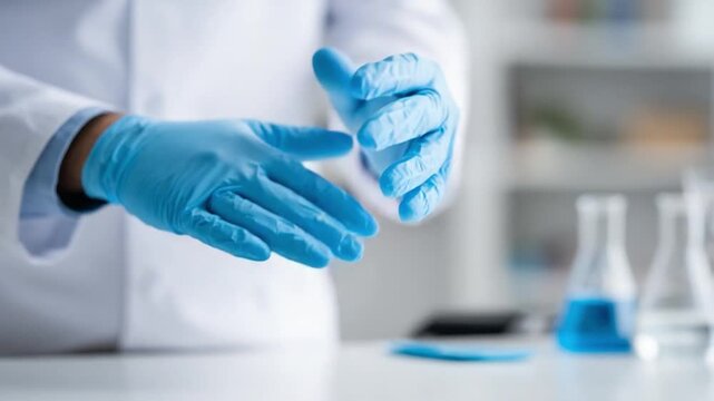 Gloved Hands in Laboratory: A scientist in a pristine lab coat and surgical gloves meticulously prepares for an experiment, embodying precision and the spirit of scientific discovery. 