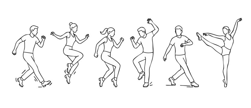 People dancing line art collection, energetic group of diverse individuals performing rhythmic dance moves and ballet poses isolated on white background for choreography and artistic performance conce