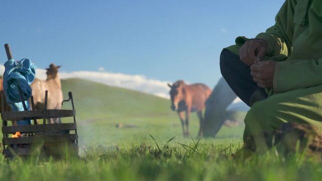 Mongolian herder warms hands by small campfire while horses graze across open meadow grass. Traditional nomad sits beside smoking brazier in steppe field, livestock roaming near distant hills.