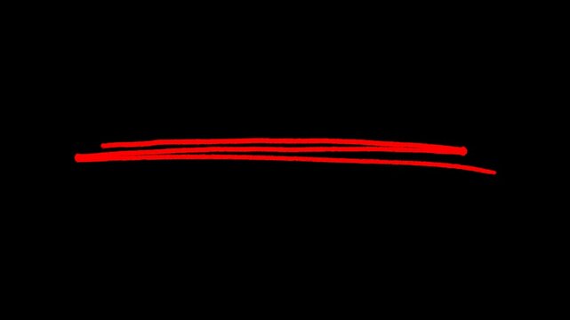 Animated hand drawn red marker lines on black background for minimalist sketching projects whiteboard animations and creative video underlines or decorative transitions.
