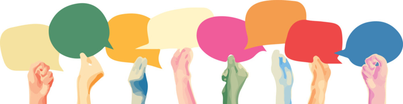 diverse hands holding colorful speech bubbles flat vector illustration for communication dialogue and social media community design