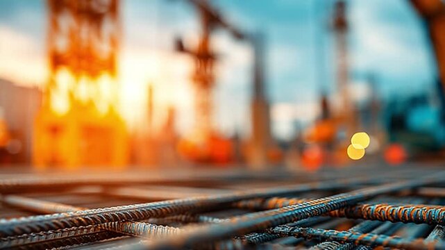 Construction Rebar and Sunset: A Close-up of construction rebar framework against the backdrop of a sunset-lit construction site, full of cranes and workers