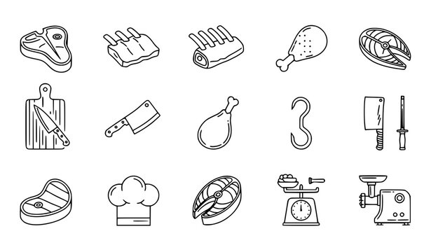 Butcher icons vector line style meat cuts tools food illustration