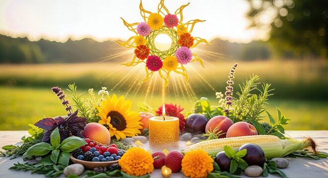 Floral sun symbol features a summer solstice ritual, midsummer festival, and Litha celebration, with garden produce, ripe fruit, and a bright glowing candle, signifying June twenty-one.