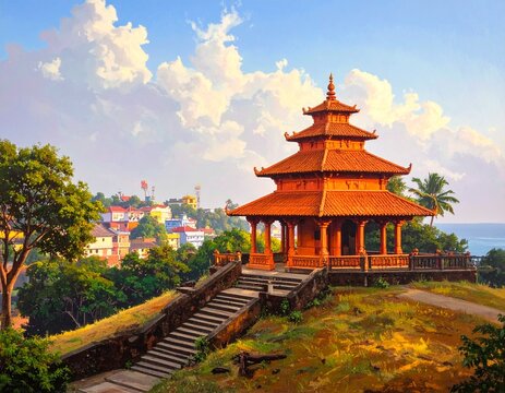 Maruti Temple Panaji Goa Hilltop Orange Temple City View Hanuman Temple Real Urban Setting