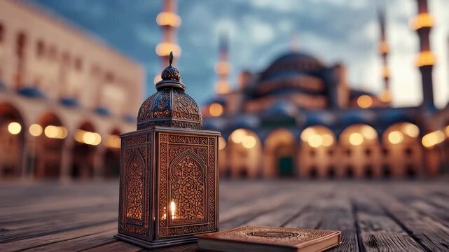 Islamic lantern with Quran sits on the ground in front of a blurred mosque during twilight hours