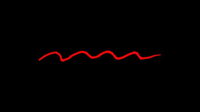 Animated hand drawn red squiggle line on black background for minimalist doodle art projects artistic video transitions or decorative underlines for presentations.
