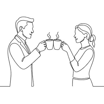 Man and woman holding coffee cups.