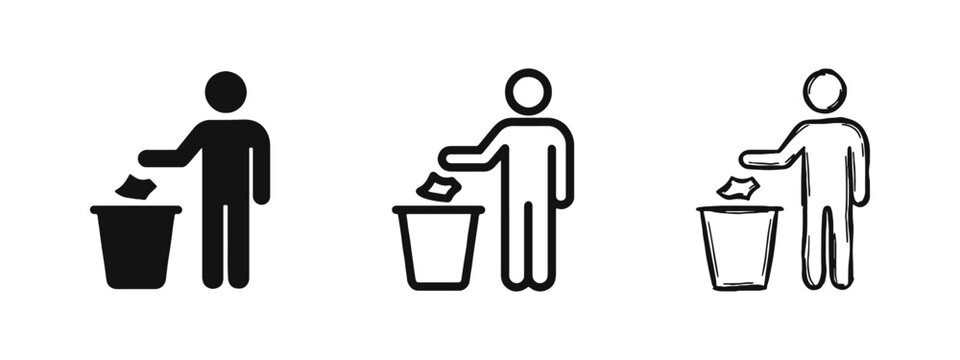 Waste management icon set, man throwing trash into bin, recycling and cleaning symbol