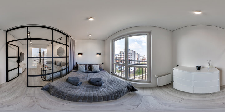 hdri 360 panorama view in bedroom studio room in luxury elite vip hotel in full in equirectangular spherical projection, skybox VR AR content