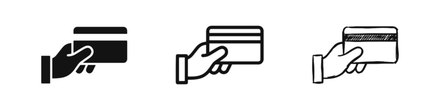 Credit card payment icon set, hand holding bank card, shopping and finance symbol