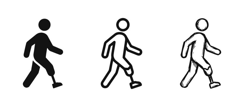 Accessibility icon set featuring a person walking with a prosthetic leg