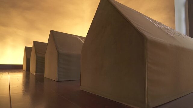 Closed coffins inside historic mausoleum tombs, funeral caskets in dim indoor chamber. Sealed sarcophagus cases rest within sacred shrine vault, eerie sepulcher corridor under warm light.