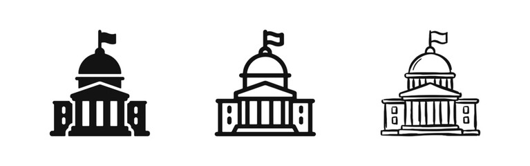 Government Building or Capitol Icon Set in Three Artistic Styles © drawing lines