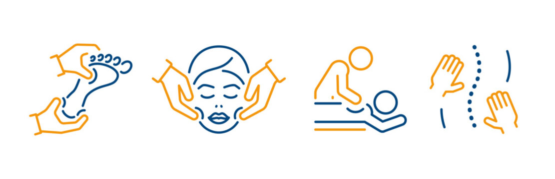 massage icons, spa salon, physiotherapy, facial and foot massage, masseur service, icon set, thin outline web symbols on white background