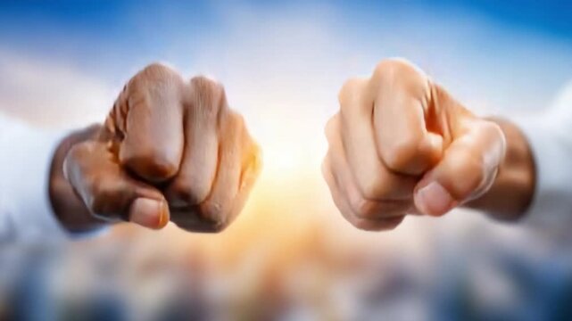 Handshake of Power: Two hands, one light-skinned and the other dark-skinned, clench into fists, symbolizing strength, solidarity, and a united front against adversity.