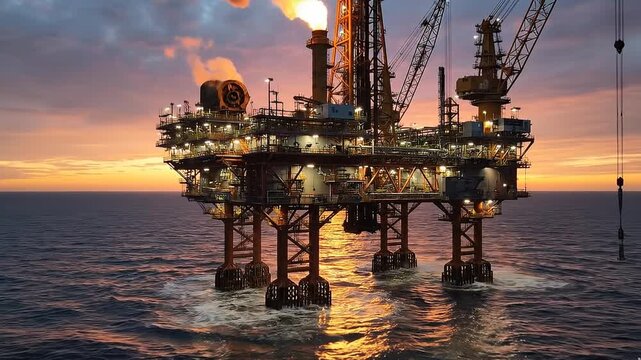Offshore oil rig platform in the ocean at sunset with industrial flares
