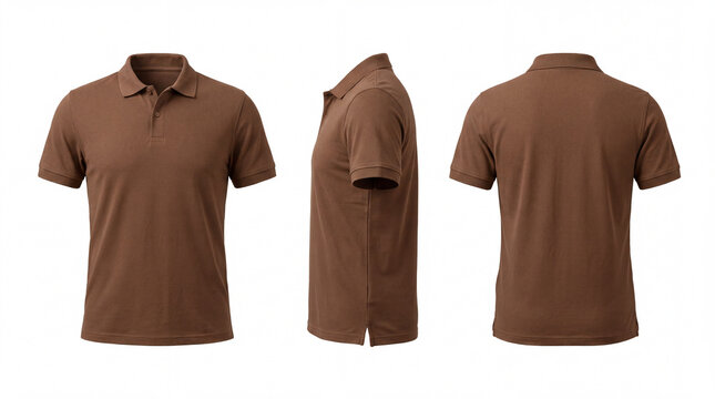 A brown polo shirt displayed from the front, side, and back on a white background