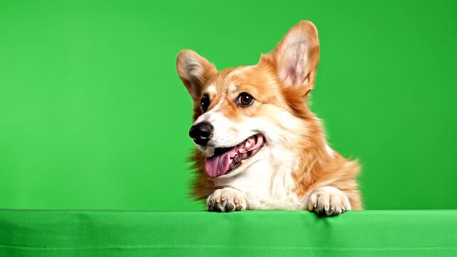 Cheerful Corgi Looking Left While Peeking Green Screen Clip