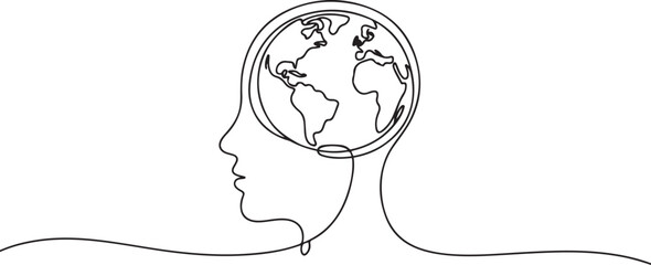 Fototapeta premium Peace brain concept. Continuous one line drawing of human head with globe inside. Think world. one line Icon drawing