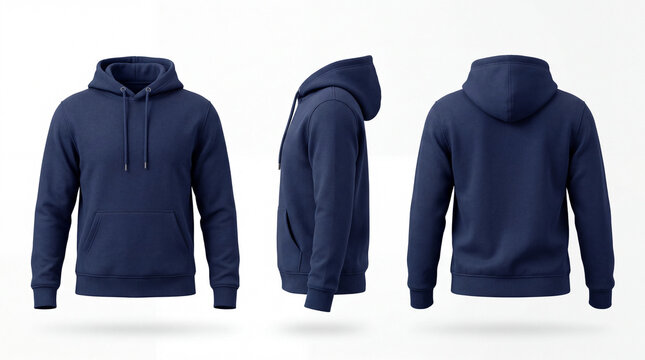 A navy blue hoodie displayed from multiple angles on a white background
