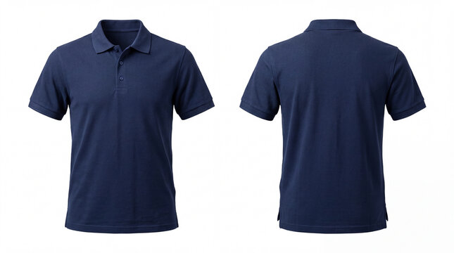 A navy blue polo shirt displayed from the front and back on a white background