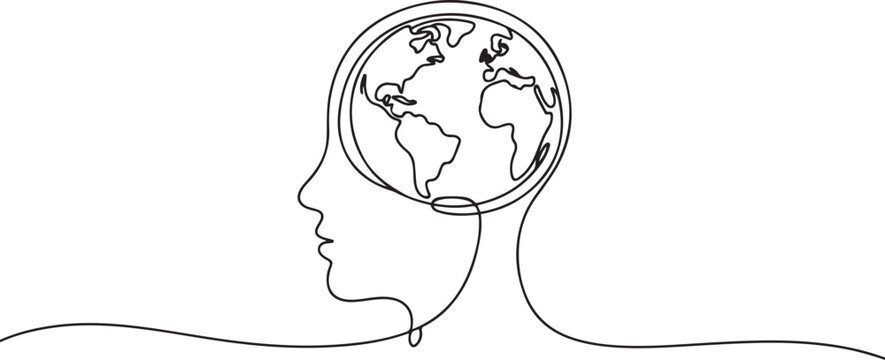 Peace brain concept. Continuous one line drawing of human head with globe inside. Think world. one line Icon drawing