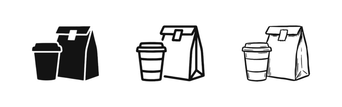 Takeaway Lunch Paper Bag and Coffee Cup Icons Set