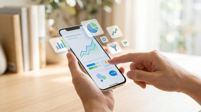 Business professional analyzing financial data on smartphone with digital charts and analytics interface, representing mobile data analysis, performance tracking, growth strategy, and modern business 