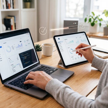 Business professional analyzing data on laptop and tablet with digital dashboard interface, representing data analytics, performance monitoring, workflow optimization, and modern business intelligence
