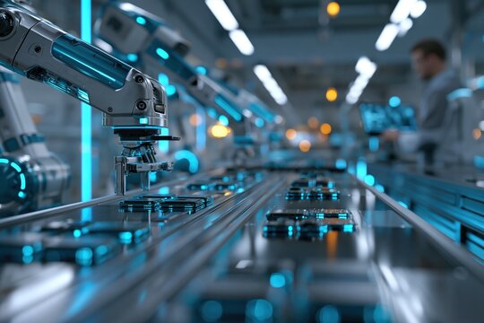 Robotic arms assembling electronic components in smart factory with engineer monitoring process