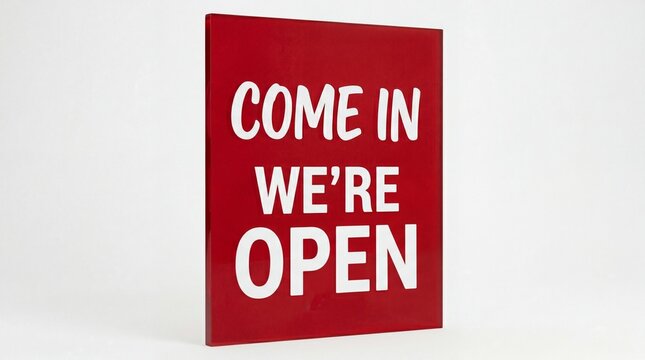 A red sign with white text that reads 'COME IN WE'RE OPEN' indicating business hours